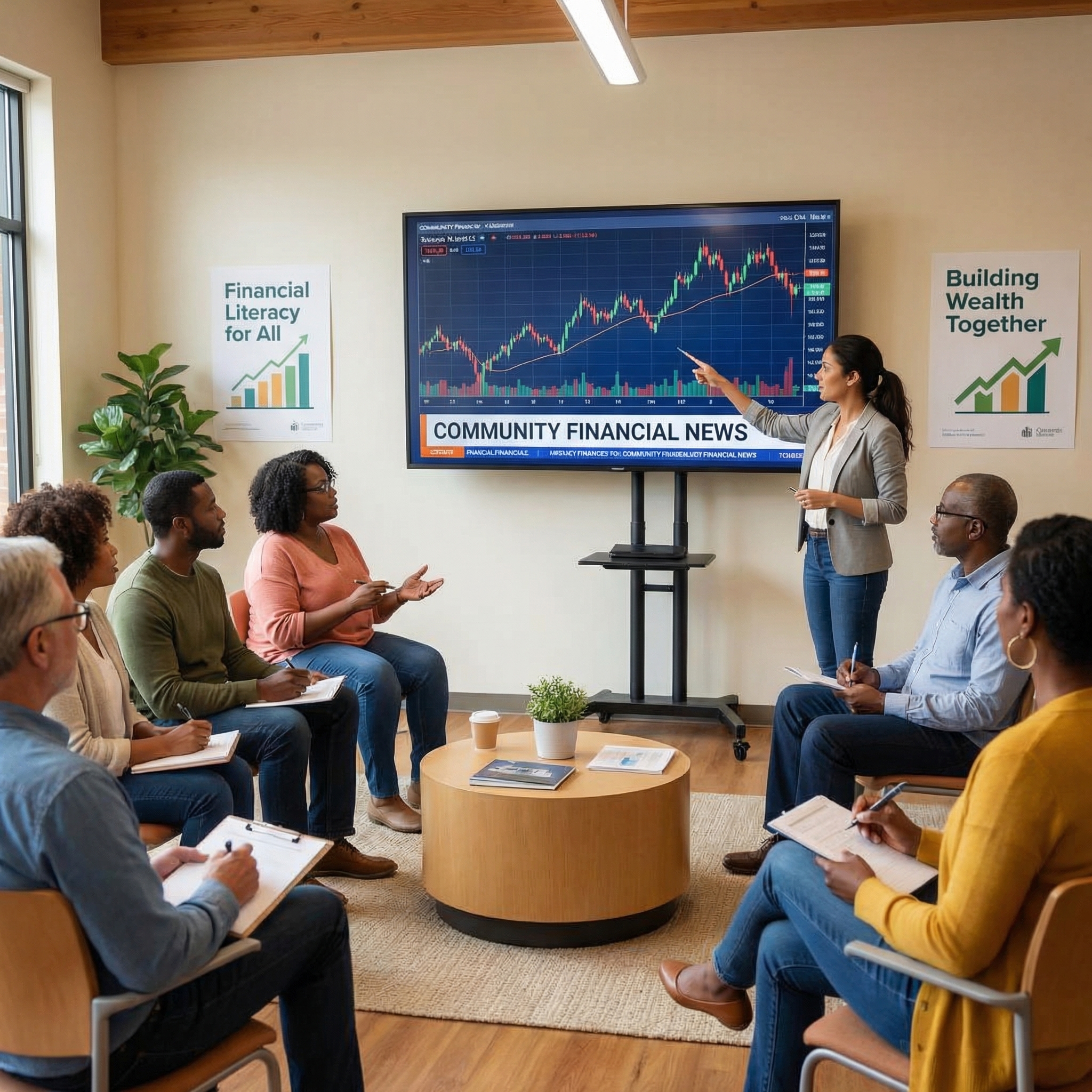 Community meeting discussing financial education.