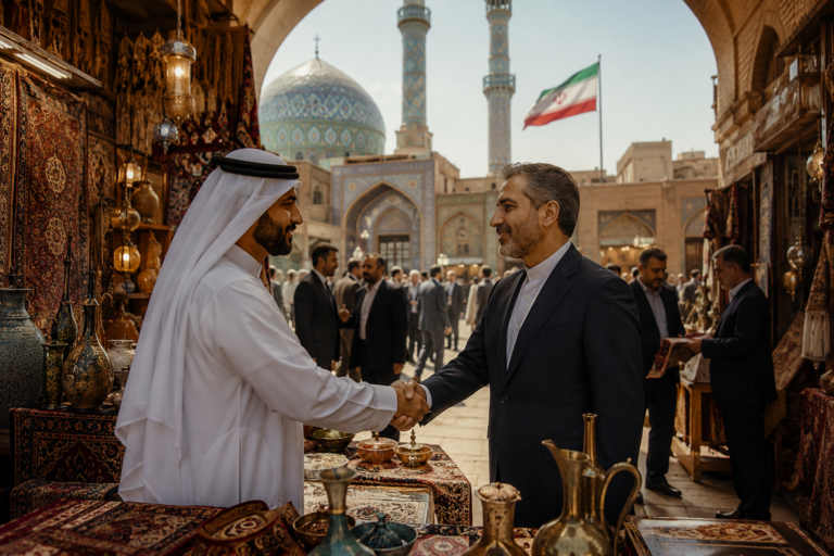 Two men shaking hands in market.