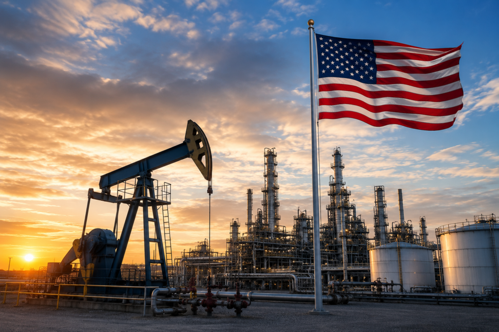 Oil rig with American flag backdrop